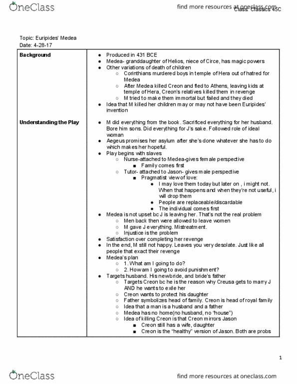 CLASSIC 45C Lecture Notes - Lecture 7: Aegeus, Euripides, Protofeminism thumbnail