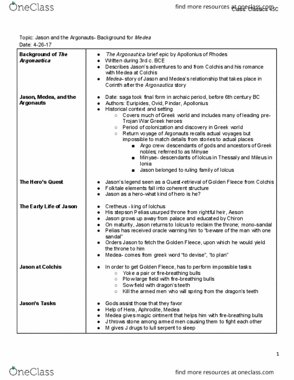 CLASSIC 45C Lecture Notes - Lecture 6: Minyans, Iolcos, Argonautica thumbnail