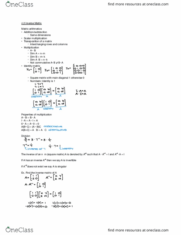 MAT 211 Lecture Notes - Lecture 6: Invertible Matrix, Main Diagonal, Scalar Multiplication thumbnail