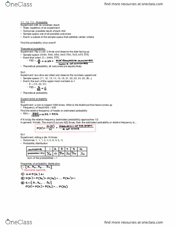 MAT 211 Lecture Notes - Lecture 18: Sample Space, Probability Distribution thumbnail