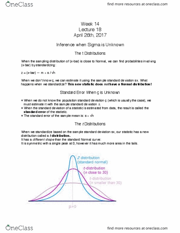 STAT 100 Lecture Notes - Lecture 18: Sampling Distribution, Normal Distribution thumbnail