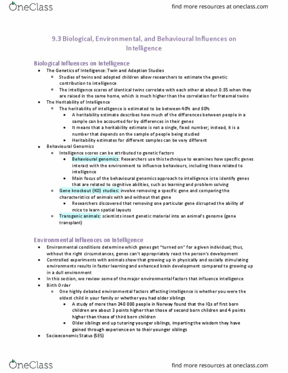 PSYA02H3 Chapter 9: Module 9.3 - Biological, Environmental, and Behavioural Influences on Intelligence (Textbook Notes) thumbnail