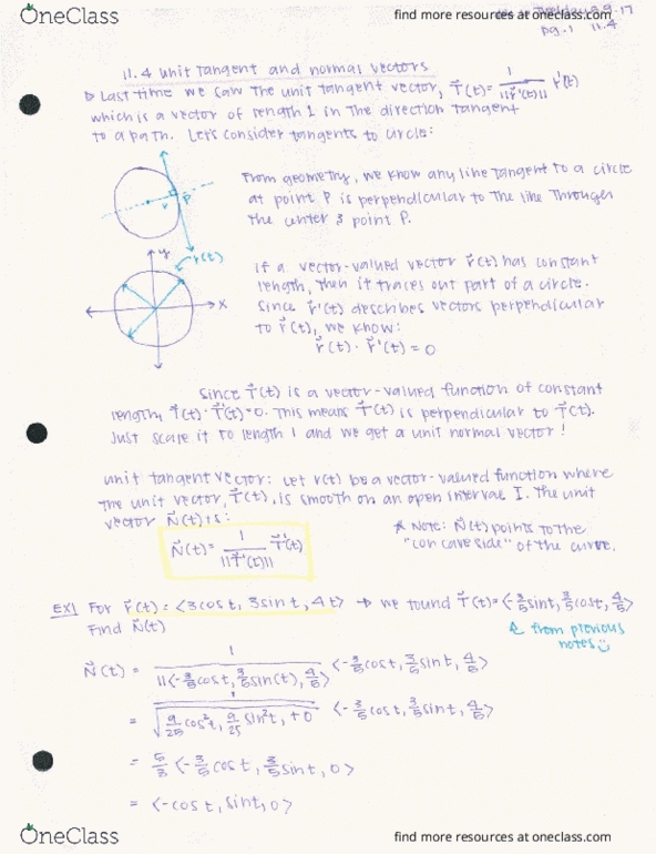 MTH 254 Lecture 6: 11.4 unit tangent and unit normal vectors 0001 thumbnail
