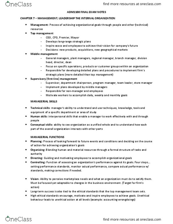 ADM 1100 Final: ADM1100 Final Exam Notes - OneClass