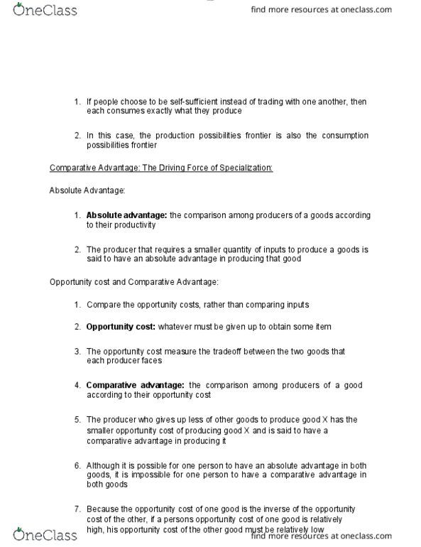 ECON 1010 Lecture Notes - Lecture 16: Absolute Advantage, Comparative Advantage, Opportunity Cost thumbnail