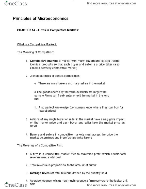 ECON 1010 Lecture Notes - Lecture 79: Market Power, Perfect Competition, Takers thumbnail