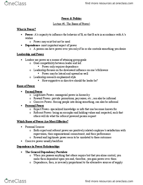 BUAD309 Lecture Notes - Lecture 3: Theories Of Political Behavior, Departmentalization, Organizational Culture thumbnail