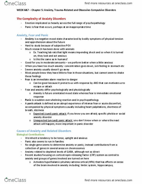 PSYC 235 Chapter Notes - Chapter 5: Panic Attack, Panic Disorder, Generalized Anxiety Disorder thumbnail