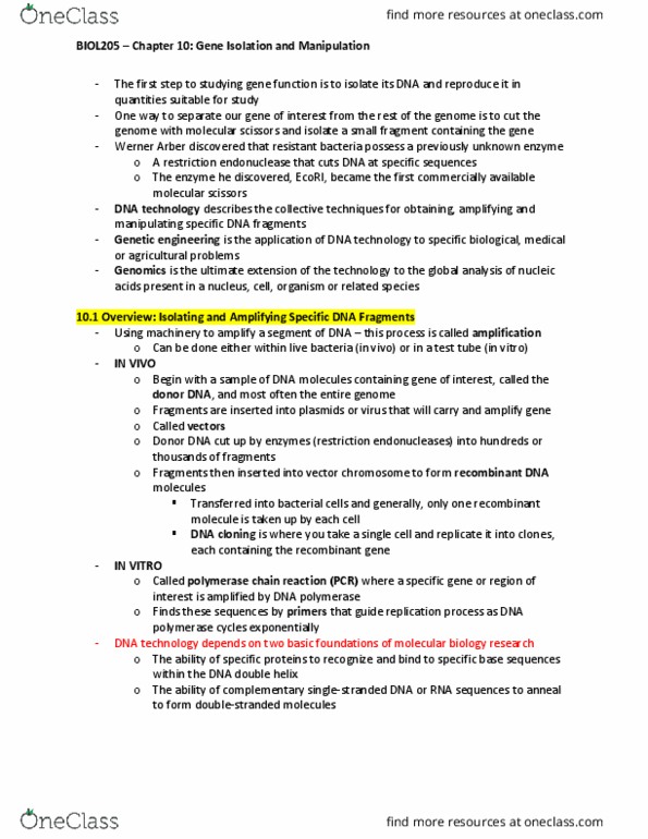 BIOL 205 Chapter Notes - Chapter 10: Werner Arber, Molecular Cloning, Recombinant Dna thumbnail