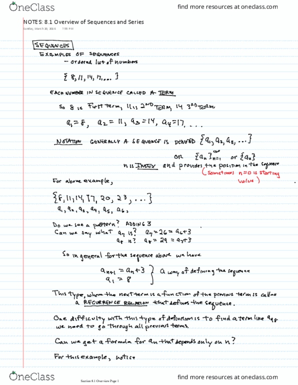 MATH 201 Lecture 7: NOTES 8.1 Overview of Sequences and Series.1 thumbnail