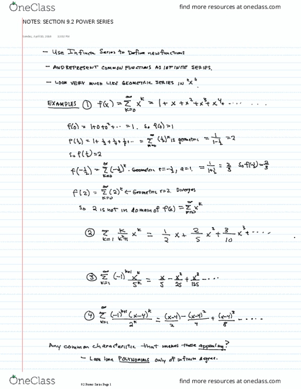 MATH 201 Lecture 3: NOTES SECTION 9.2 POWER SERIES(2).1 thumbnail