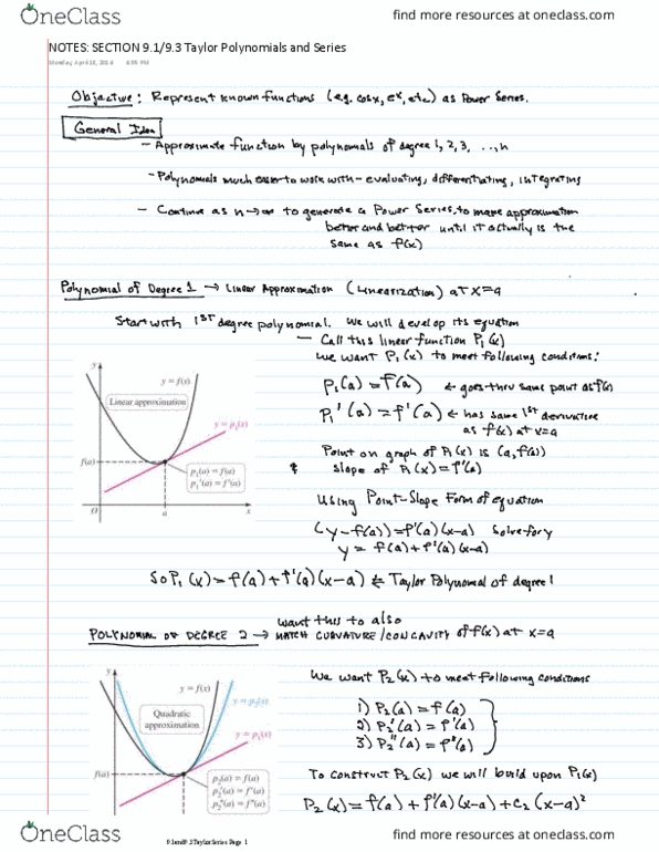 MATH 201 Lecture 12: NOTES SECTION 9.19.3 Taylor Polynomials and Series.1 thumbnail