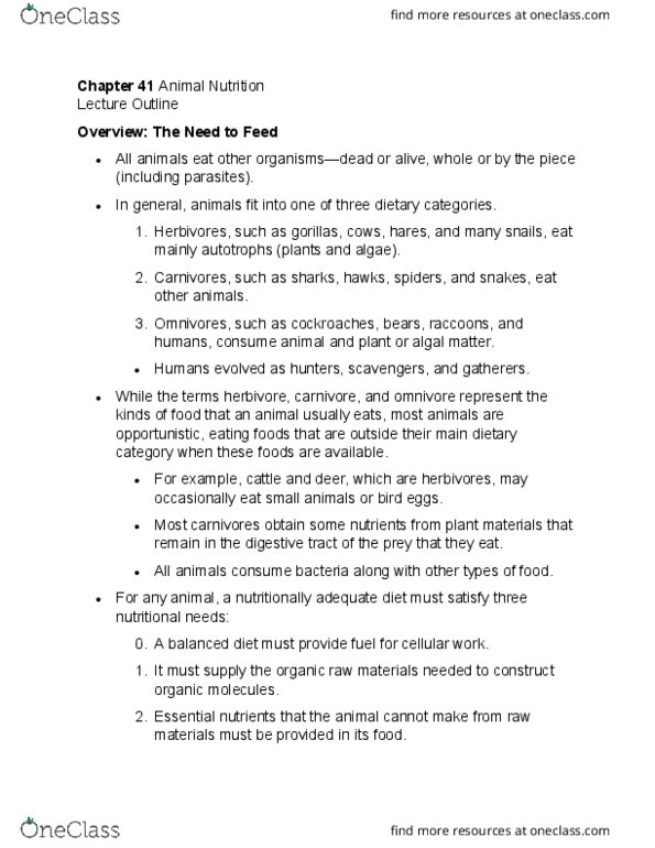 BIOL 1030 Chapter Notes - Chapter 41: Essential Amino Acid, Nutrient, Leptin thumbnail