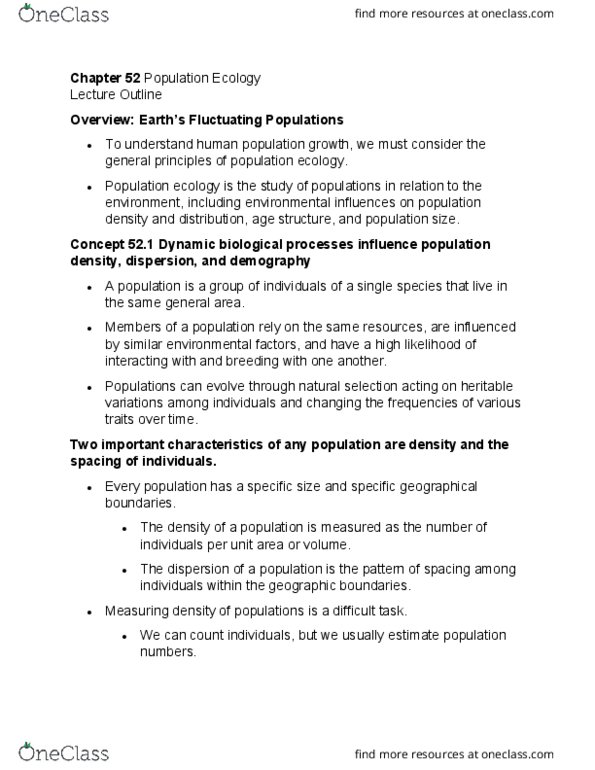 BIOL 1030 Chapter Notes - Chapter 52: Survivorship Curve, Population Ecology, Zero Population Growth thumbnail