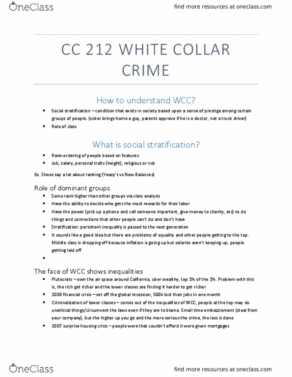 CC212 Lecture Notes - Lecture 2: White-Collar Crime, Social Stratification, Corporate Crime thumbnail