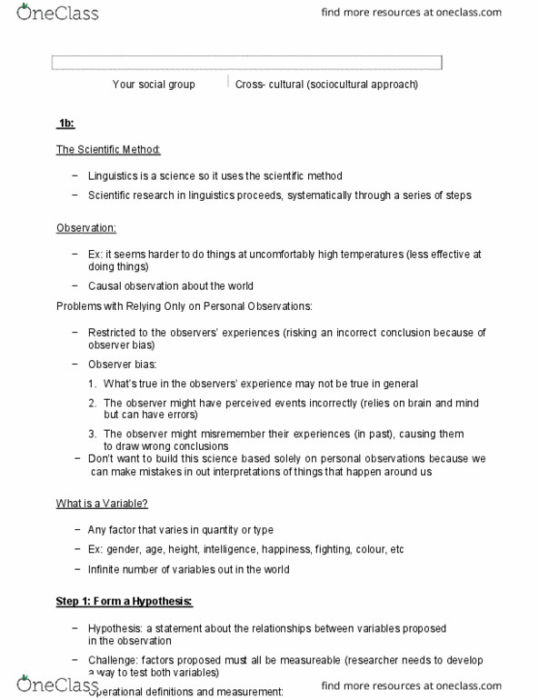 LING 1200 Lecture Notes - Lecture 5: Observer-Expectancy Effect, Scientific Method, Operational Definition thumbnail