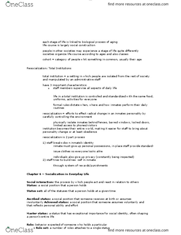 SOC 1200 Lecture Notes - Lecture 7: Total Institution, Proxemics, Ascribed Status thumbnail