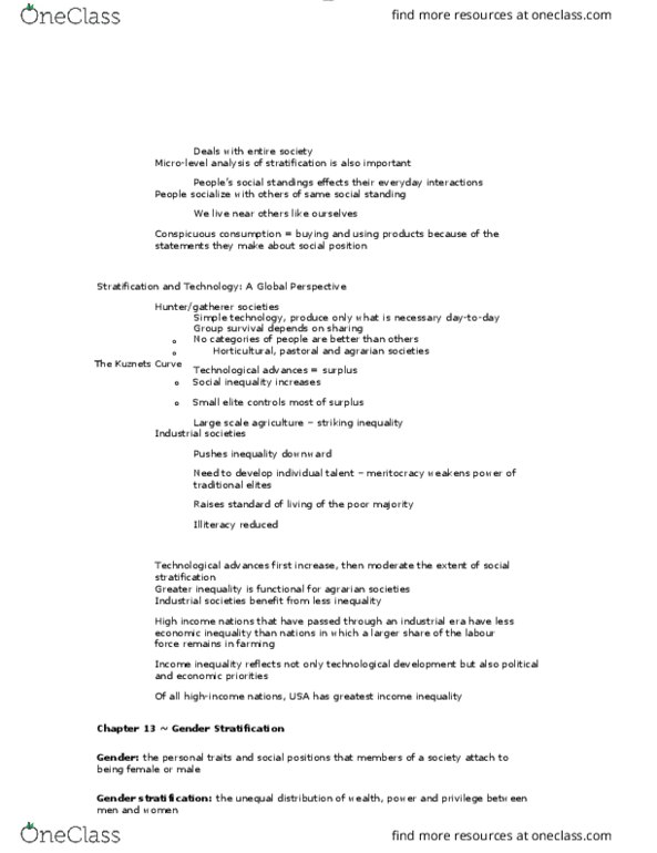 SOC 1200 Lecture Notes - Lecture 18: Kuznets Curve, Conspicuous Consumption, Social Stratification thumbnail