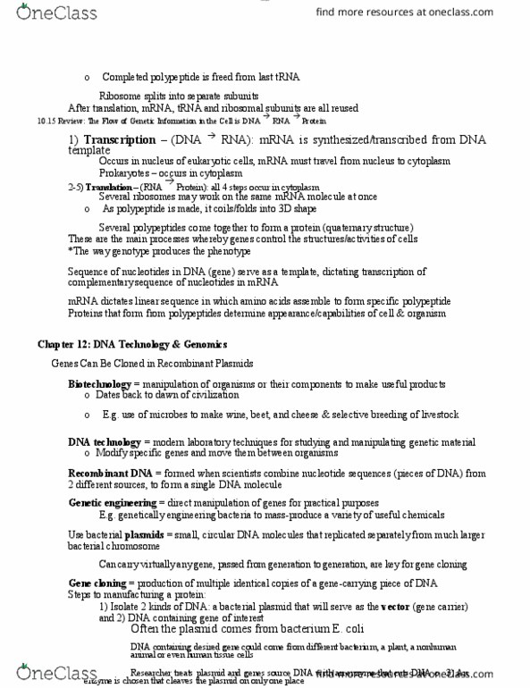 BIOL 1000 Lecture Notes - Lecture 41: Recombinant Dna, Transfer Rna, Peptide thumbnail