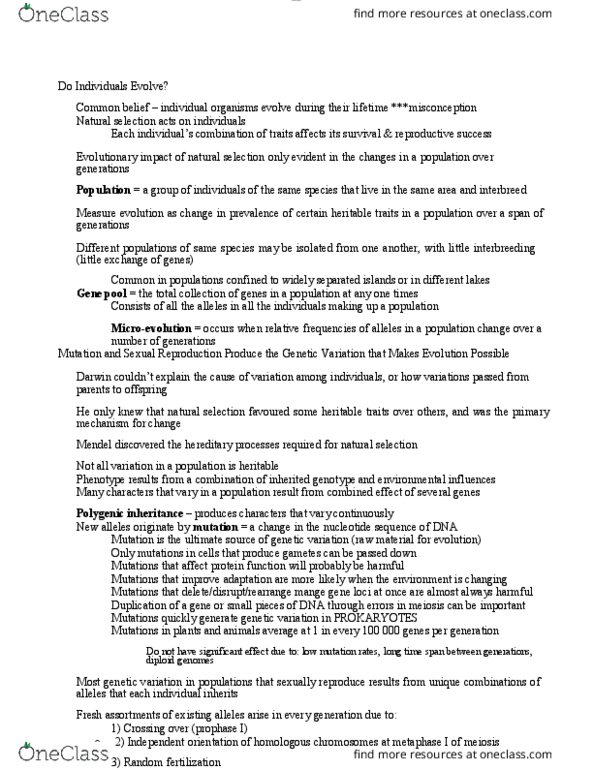 BIOL 1000 Lecture Notes - Lecture 45: Gene Pool, Microevolution, Natural Selection thumbnail