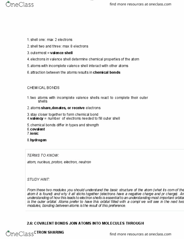 BIOL 1000 Chapter Notes - Chapter 1: Chemical Bond, Covalent Bond thumbnail