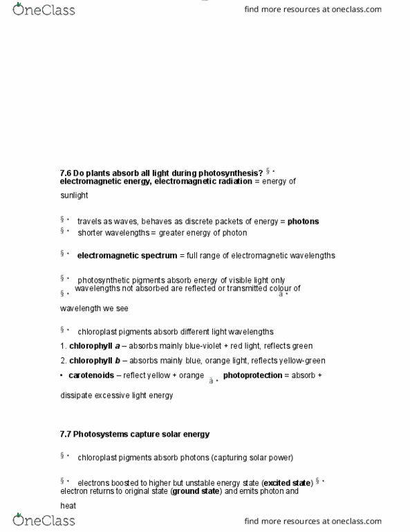 BIOL 1000 Chapter Notes - Chapter 7: Electromagnetic Spectrum, Chlorophyll, Photon thumbnail