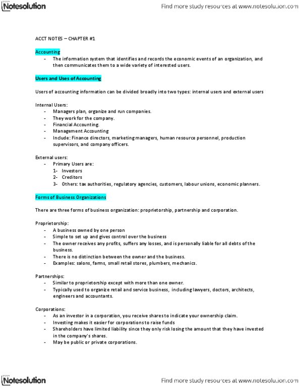 ACCT 2220 Chapter Notes - Chapter 1: Retained Earnings, Income Statement, Cash Flow Statement thumbnail