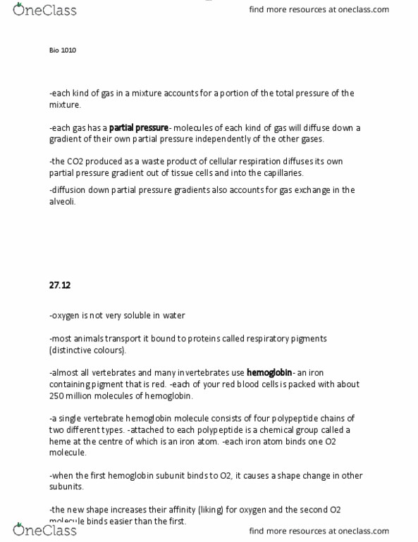 BIOL 1010 Chapter Notes - Chapter 26: Partial Pressure, Cellular Respiration, Hemoglobin thumbnail