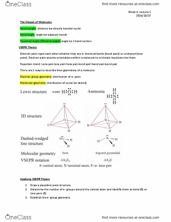 CHEM 112 Lecture Notes - Lecture 6: Dihedral Angle, Vsepr Theory, Molecular Geometry thumbnail
