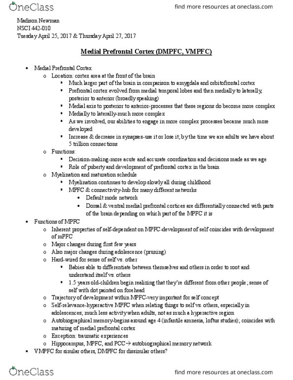 NSCI442 Lecture Notes - Lecture 26: Default Mode Network, Orbitofrontal Cortex, Prefrontal Cortex thumbnail