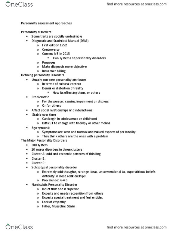 PSY 340 Lecture Notes - Lecture 12: Avoidant Personality Disorder, Schizotypal Personality Disorder, Egosyntonic And Egodystonic thumbnail