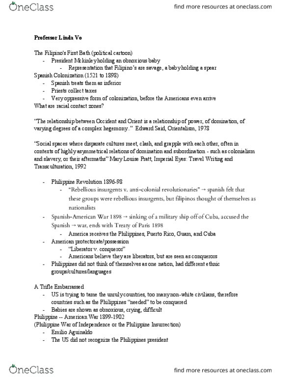 HUMAN 1C Lecture Notes - Lecture 8: Mary Louise Pratt, Philippine Revolution, Transculturation thumbnail