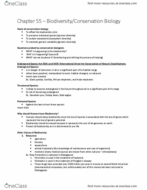 BIOLOGY 1M03 Chapter Notes - Chapter 55: Endangered Species Act Of 1973, Dutch Elm Disease, Habitat Destruction thumbnail