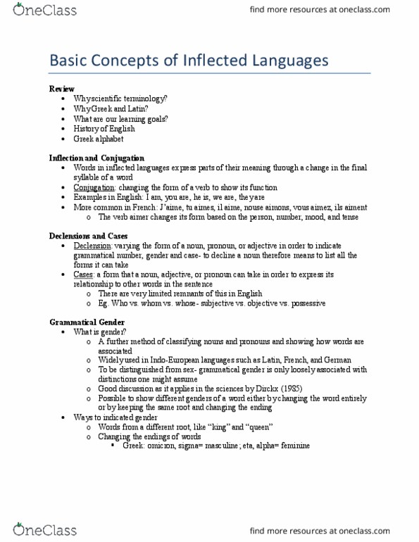 CLA201H5 Lecture Notes - Lecture 2: Grammatical Gender, Grammatical Number, Indo-European Languages thumbnail