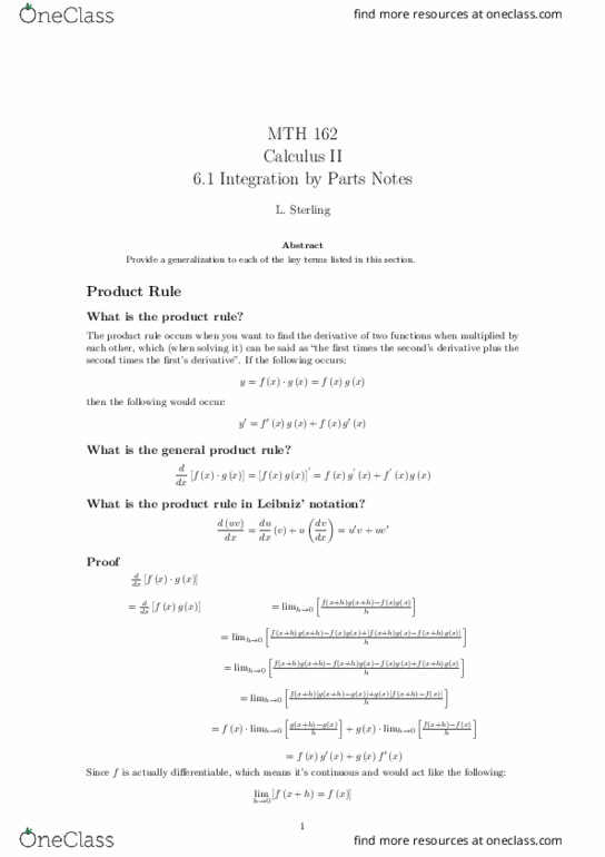 MTH 162 Lecture Notes - Lecture 9: Product Rule, Scilab thumbnail