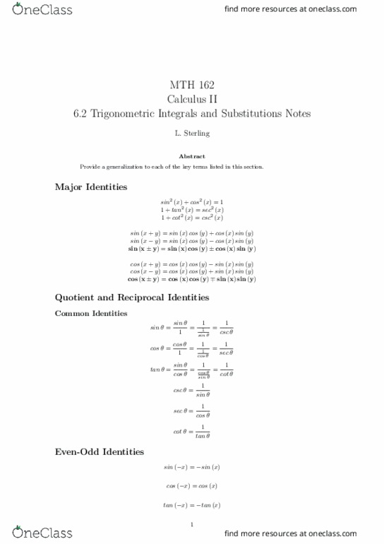 MTH 162 Lecture 10: 6.2 Trigonometric Integrals and Substitutions Notes thumbnail