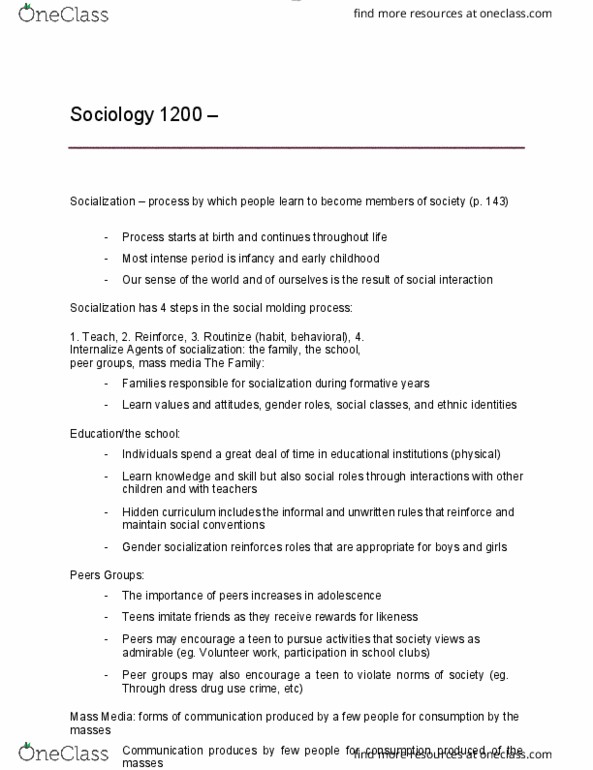 SOC 1200 Chapter Notes - Chapter 3: Hidden Curriculum thumbnail