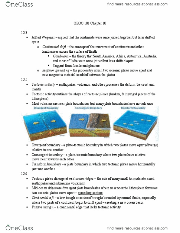 GEOG 101 Chapter Notes - Chapter 10: Continental Drift, Oceanic Trench, Divergent Boundary thumbnail