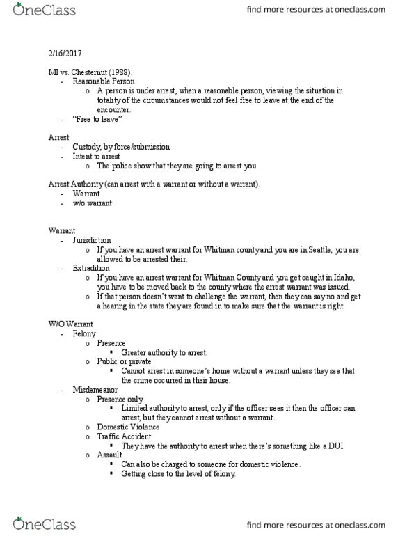 CRM_J 420 Lecture Notes - Lecture 6: Arrest Warrant, Traffic Ticket, Reasonable Person thumbnail