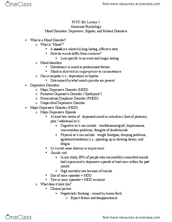 PSYC 465 Lecture Notes - Lecture 5: Major Depressive Disorder, Major Depressive Episode, Aaron T. Beck thumbnail