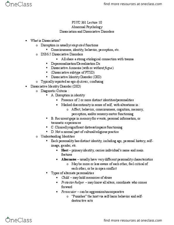 PSYC 465 Lecture Notes - Lecture 10: Dissociative Identity Disorder, Egosyntonic And Egodystonic, Posttraumatic Stress Disorder thumbnail