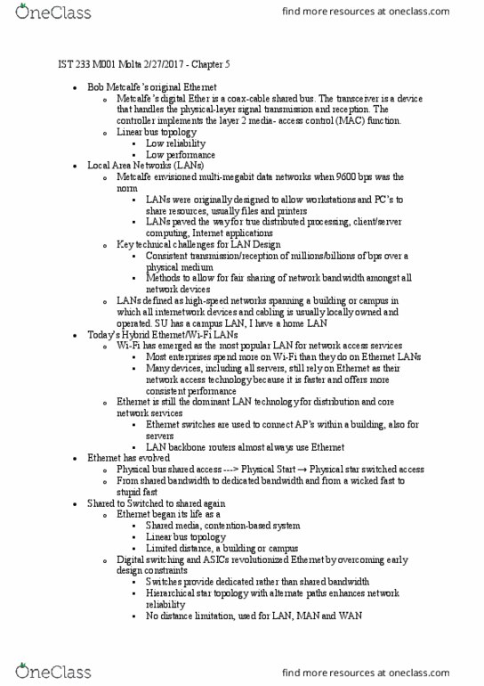 IST 233 Lecture Notes - Lecture 17: Media Access Control, Wi-Fi, Internetworking thumbnail