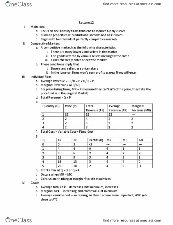 ECON 20A Lecture Notes - Lecture 12: Average Variable Cost, Average Cost, Marginal Revenue thumbnail