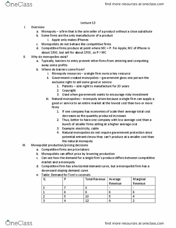 ECON 20A Lecture Notes - Lecture 13: Monopolistic Competition, Natural Monopoly, Marginal Revenue thumbnail