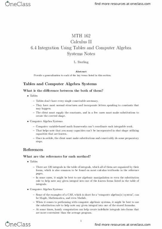 MTH 162 Lecture 12: 6.4 Integration Using Tables and Computer Algebra Systems Notes thumbnail