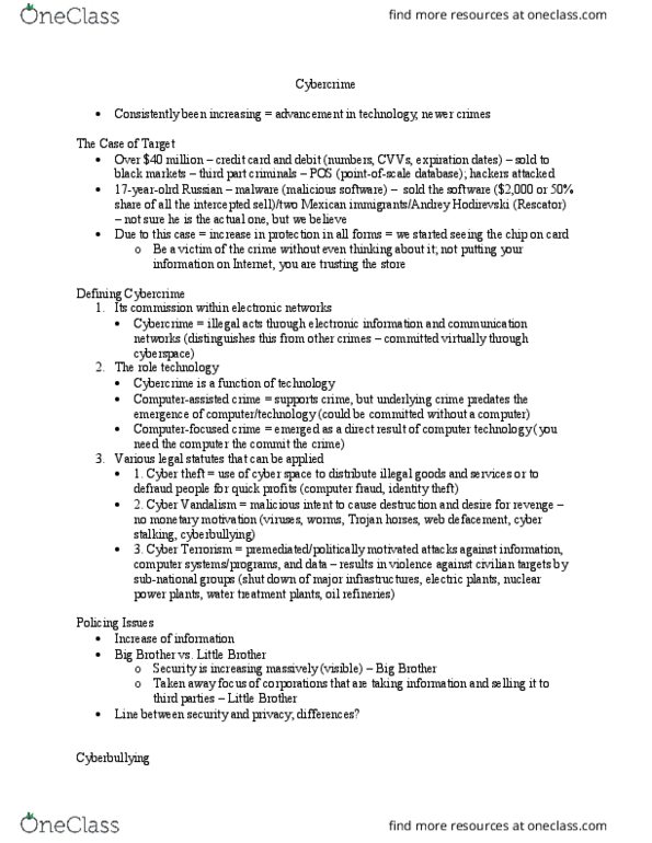 CRJU 20423 Lecture Notes - Lecture 5: Cybercrime, Cyberbullying, Suicide Of Megan Meier thumbnail