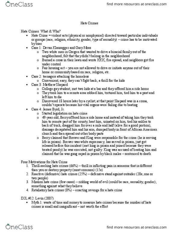 CRJU 20423 Lecture Notes - Lecture 7: Matthew Shepard, White Supremacy, Demographic Transition thumbnail