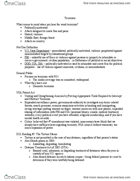 CRJU 20423 Lecture Notes - Lecture 16: Detainee Treatment Act, Patriot Act, Torture Memos thumbnail
