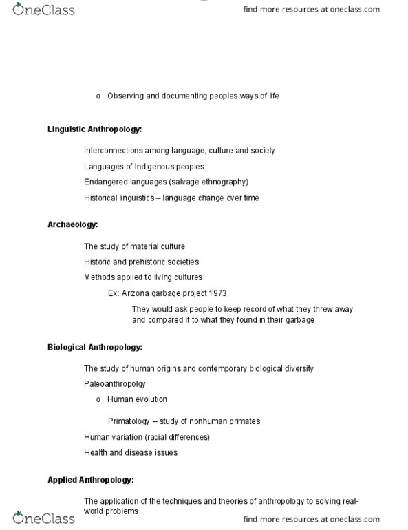 ANTH 1220 Lecture Notes - Lecture 2: Salvage Ethnography, Biological Anthropology, Historical Linguistics thumbnail