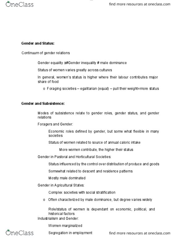 ANTH 1220 Lecture Notes - Lecture 46: Gender Inequality, Social Stratification, Gender Equality thumbnail